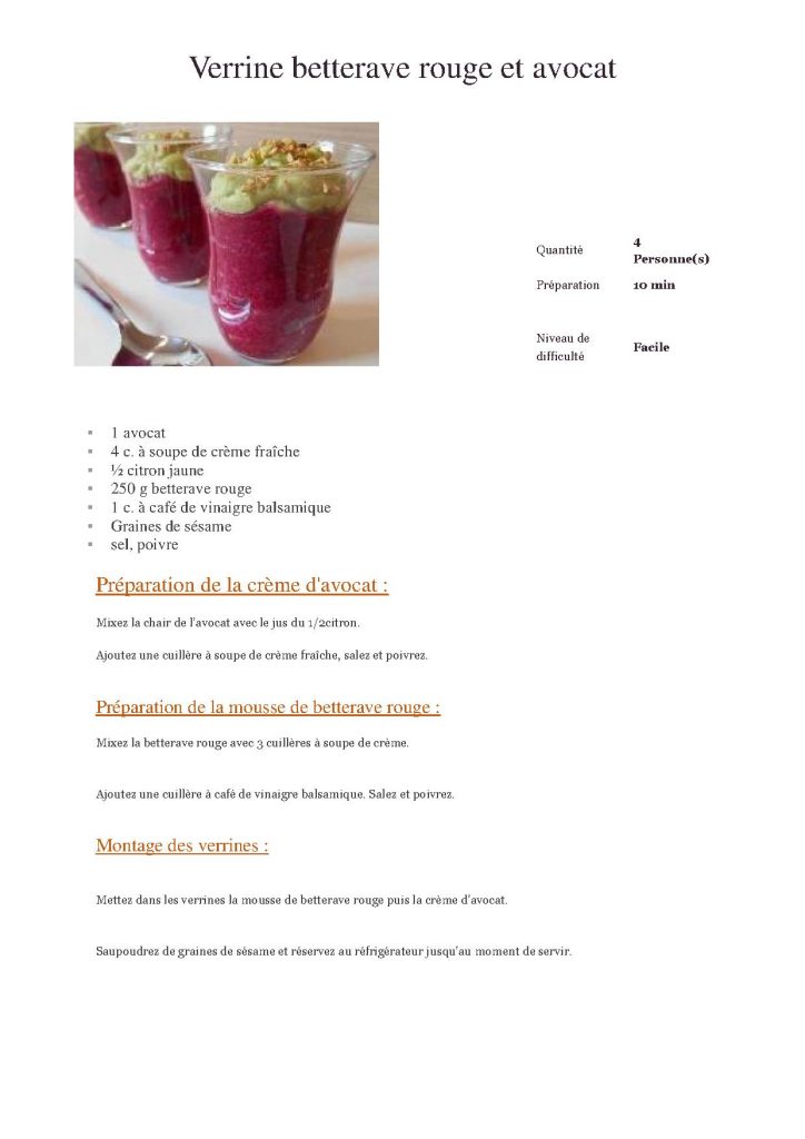 Lire la suite à propos de l’article Verrine betterave rouge et avocat 26/05/2015